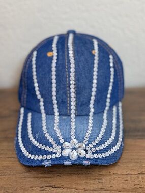 Embellished Denim Baseball Cap - Blue with Crystal Accents